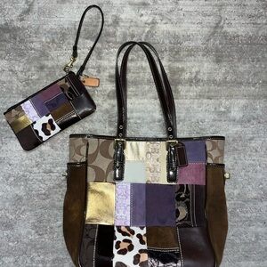Coach Patchwork Tote and Wristlet in Brown and Purple